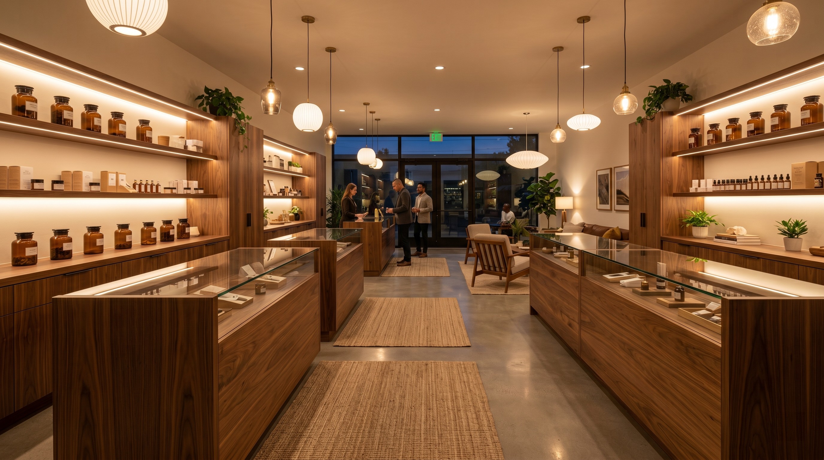 Premium wooden cannabis display counters in a luxury boutique dispensary - Ouyee