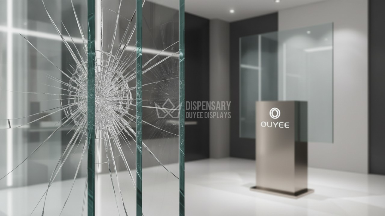 Reinforced security glass for cannabis dispensary inventory protection