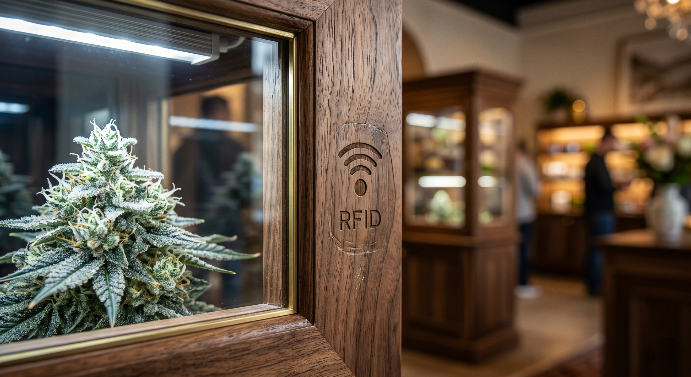 Secure cannabis display cabinet with hidden RFID lock and LED lighting