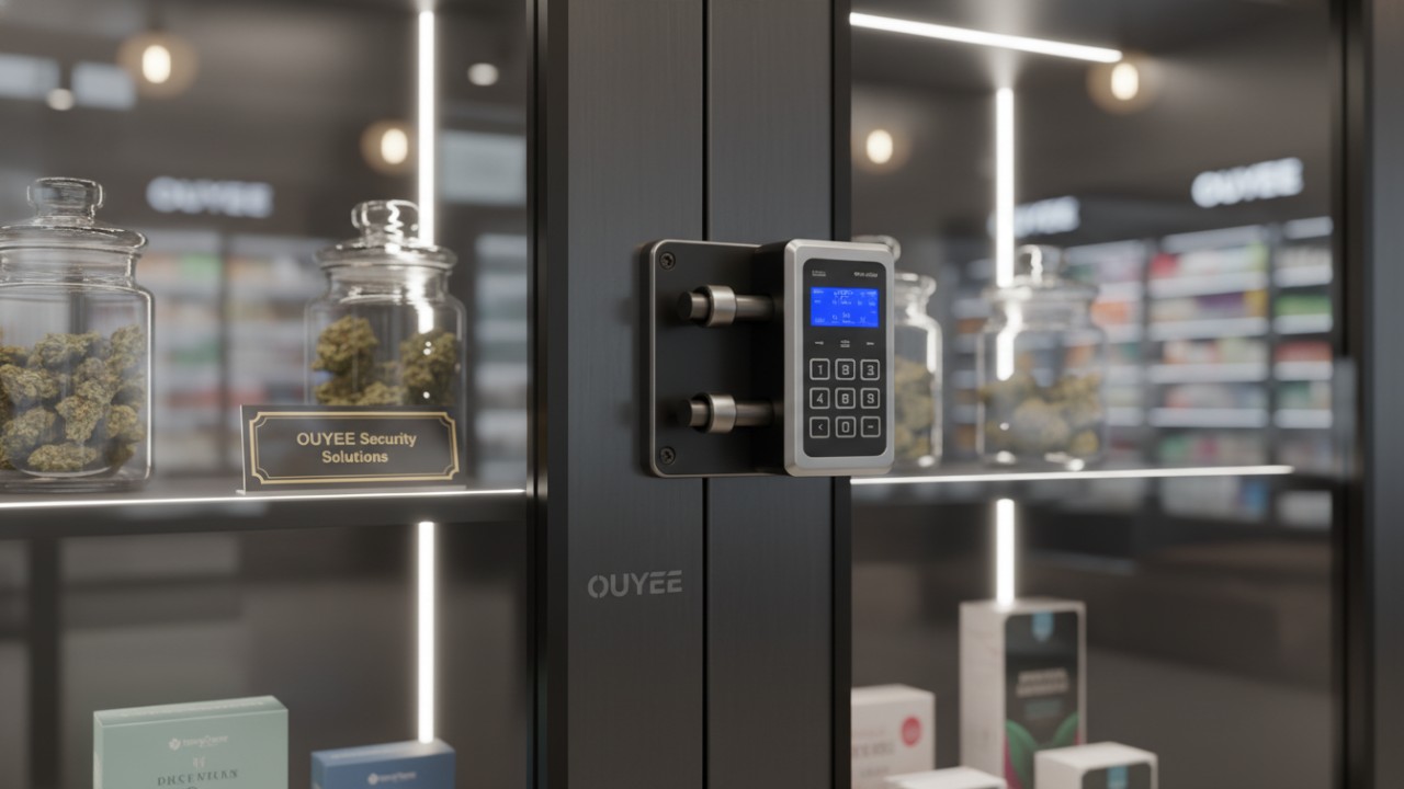 Secure dispensary display cabinet with integrated locking mechanism for safety compliance