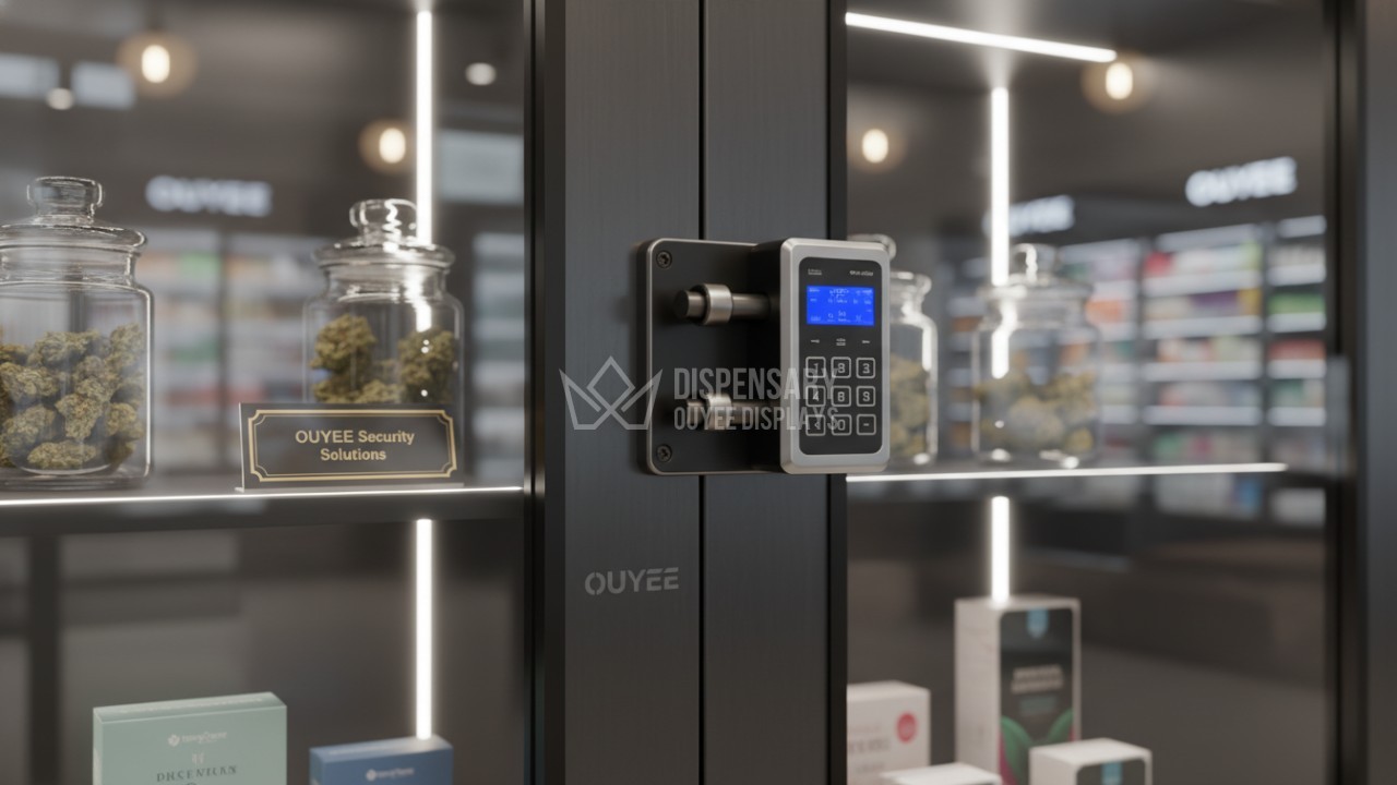 Secure dispensary display cabinet with integrated locking mechanism for safety compliance