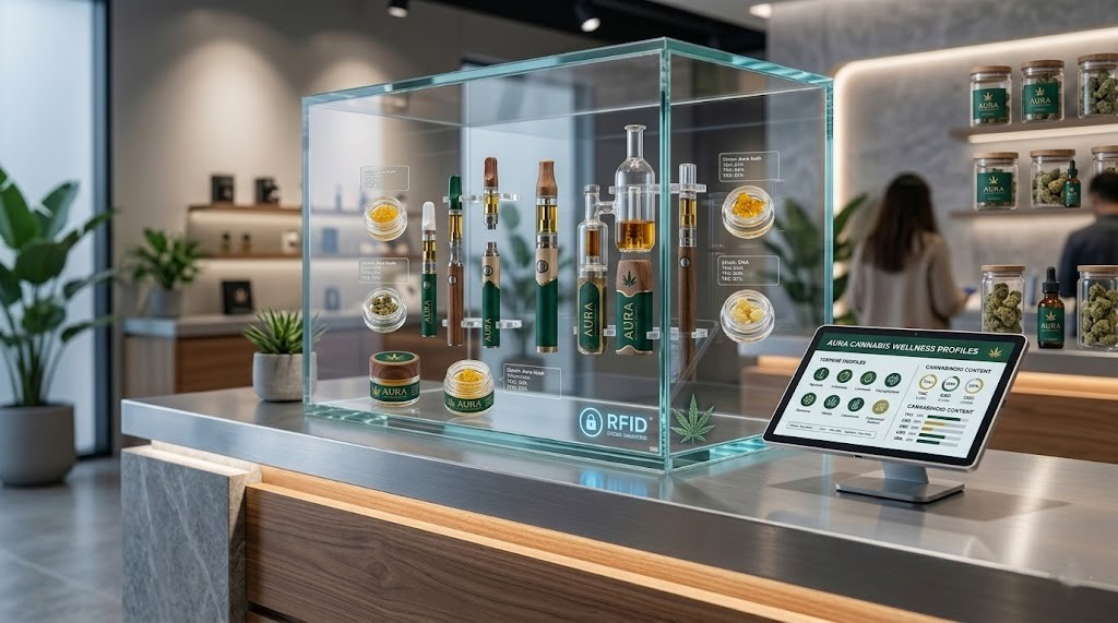Secure glass display cabinet with RFID lock housing a floating vape