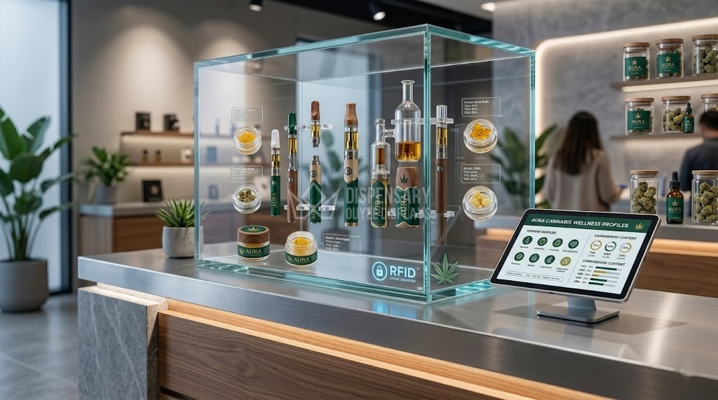 Secure glass display cabinet with RFID lock housing a floating vape Secure glass display cabinet with RFID lock housing a floating vape
