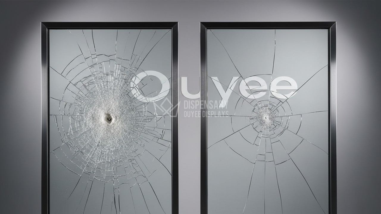 Side by side comparison of shattered tempered glass and impact resistant laminated glass
