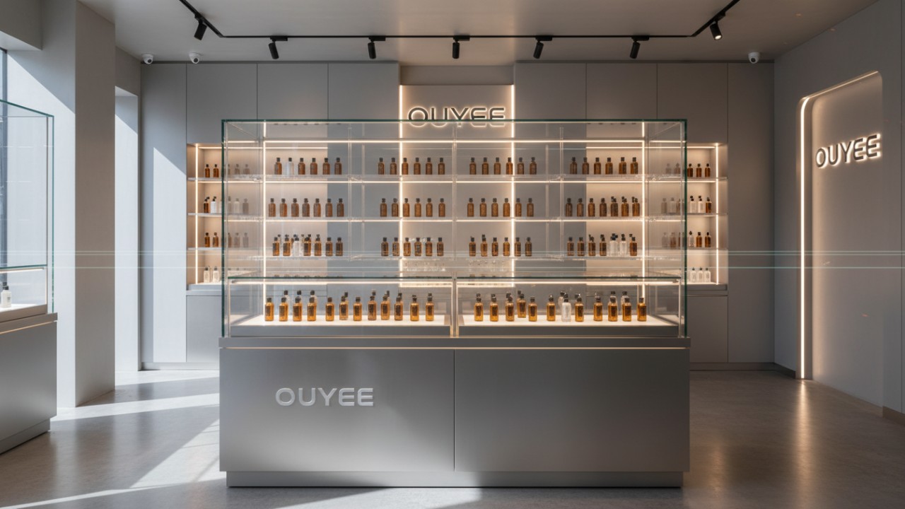 Sleek modern glass CBD display cases in a high-end retail environment with the Ouyee brand name visible on the base.