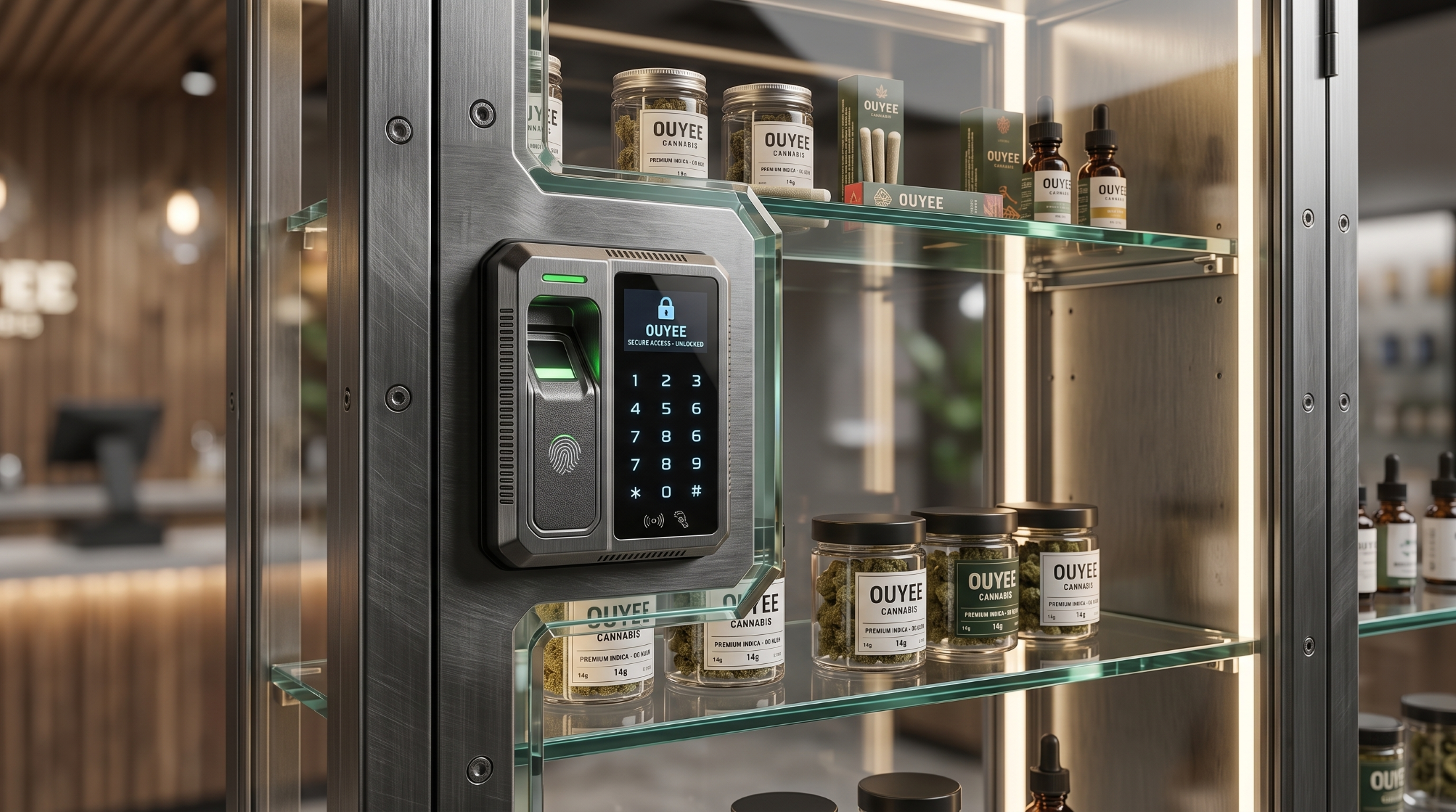 Smart cannabis display cabinet with high-security locks meeting strict dispensary safety standards