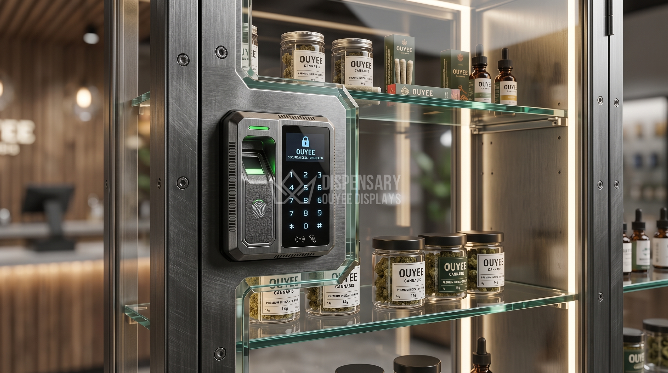 Smart cannabis display cabinet with high-security locks meeting strict dispensary safety standards Smart cannabis display cabinet with high-security locks meeting strict dispensary safety standards