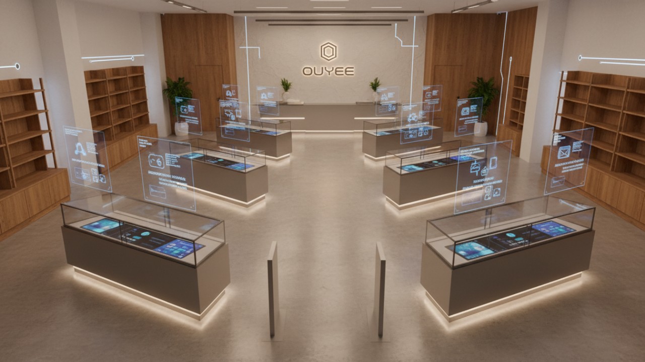 Strategic dispensary layout showing glass display case placement for customer flow