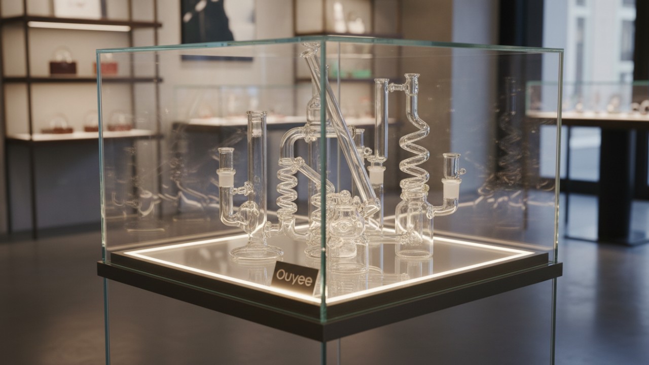 Upscale frameless glass showcase with minimalist boutique design