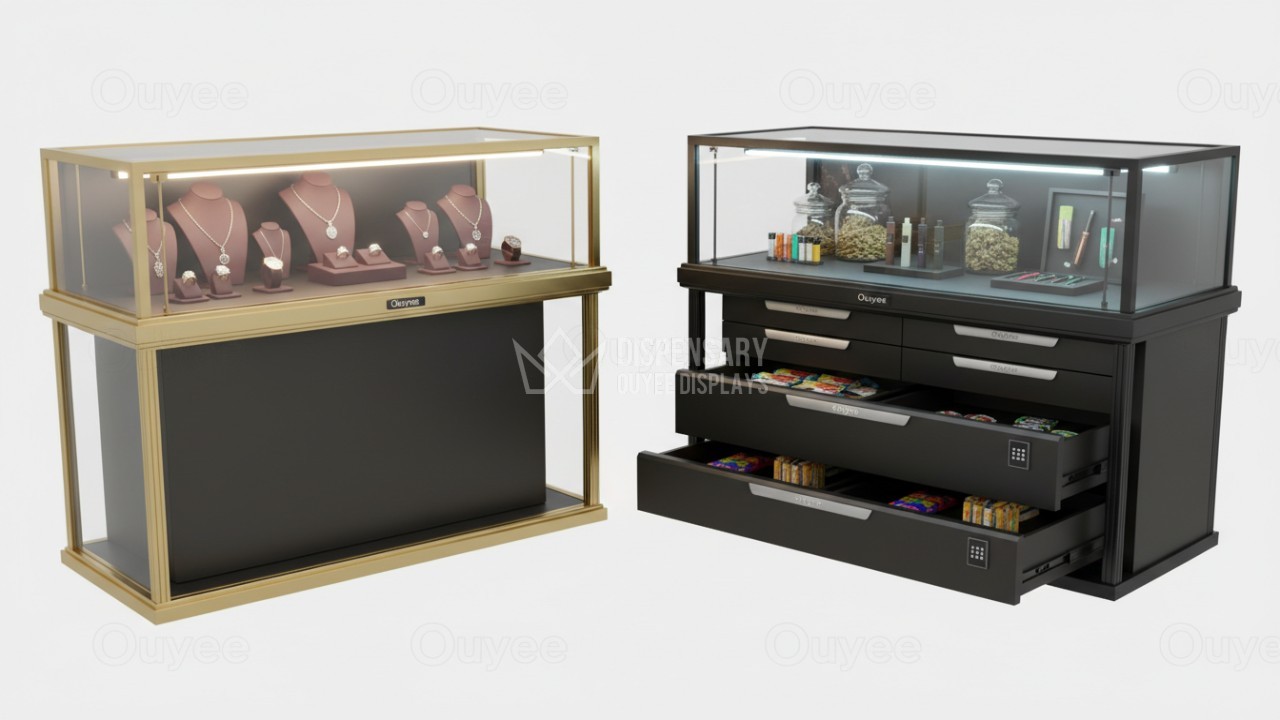 Visual comparison between a standard display case and a custom engineered cannabis fixture