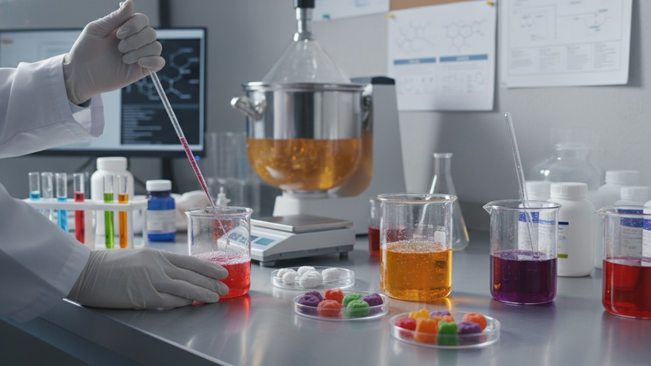 Scientist in lab coat adding red liquid from a pipette into a beaker filled with pink liquid, gummy candies nearby.