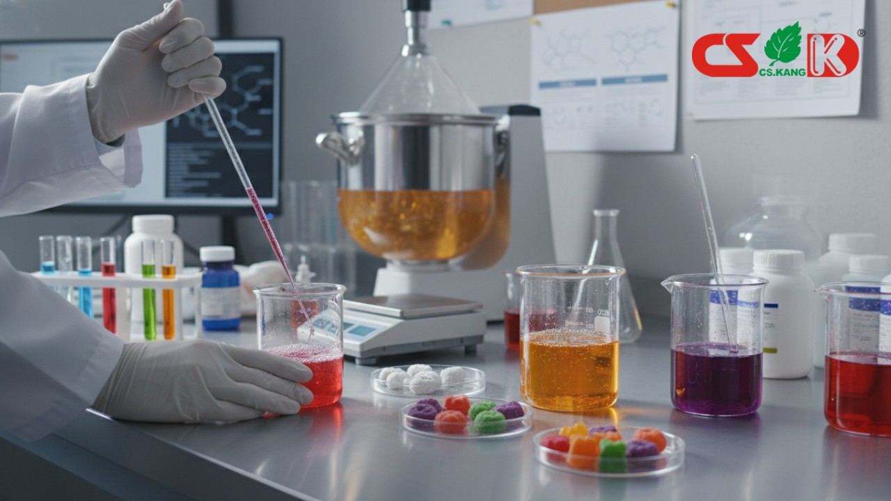 hiring-custom-gummy-vitamin-manufacturer-mistakes Scientist in lab coat adding red liquid from a pipette into a beaker filled with pink liquid, gummy candies nearby.