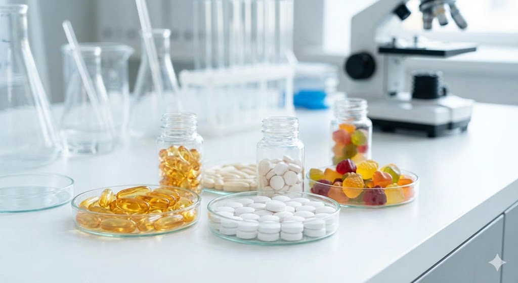 Diverse supplement dosage forms including softgels, tablets, and gummies