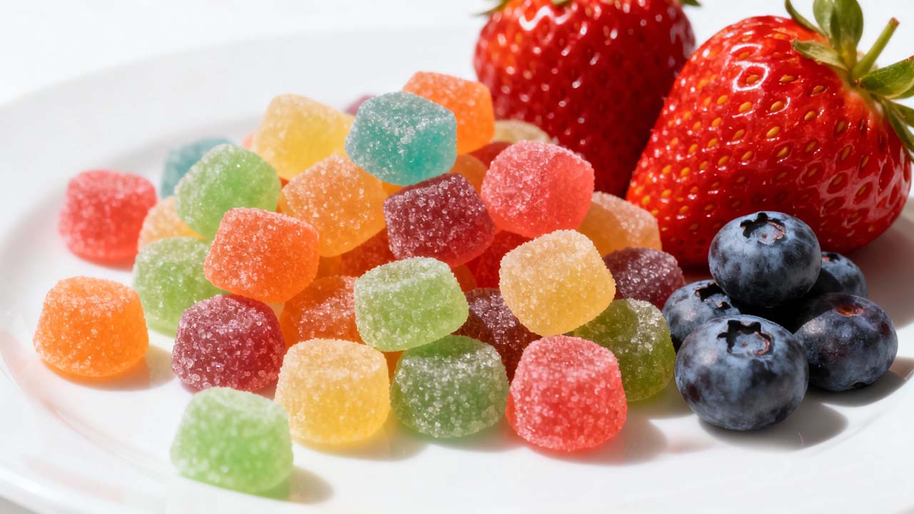 jimeng-2026-01-28-4607-一堆五颜六色的水果口味软糖，散落在一个白色盘子上，旁边放着新鲜的草莓和蓝莓，光线_ - CSK Biotech