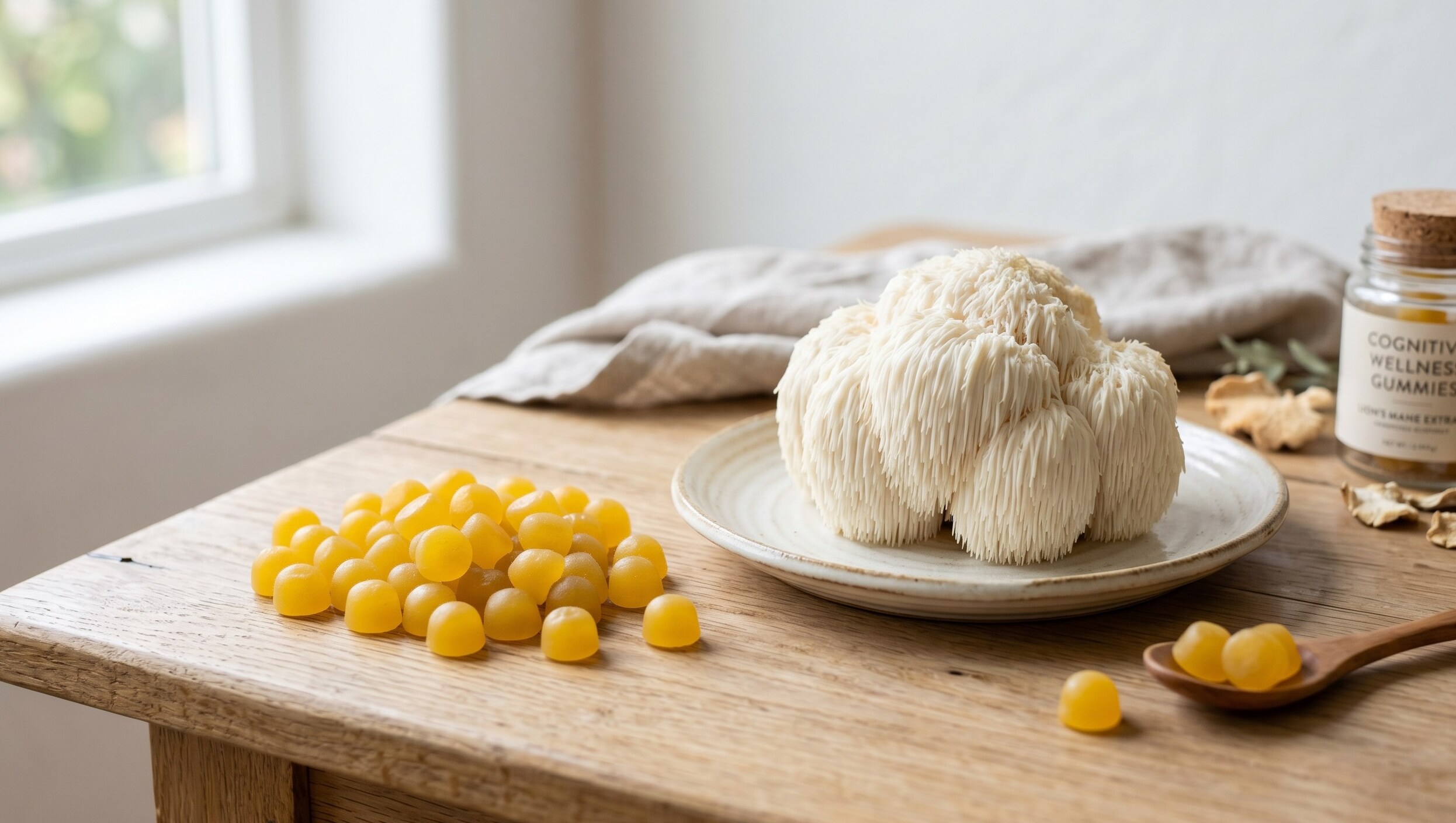 a fresh Lion&rsquo;s Mane mushroom next to a pile of yellow gummies