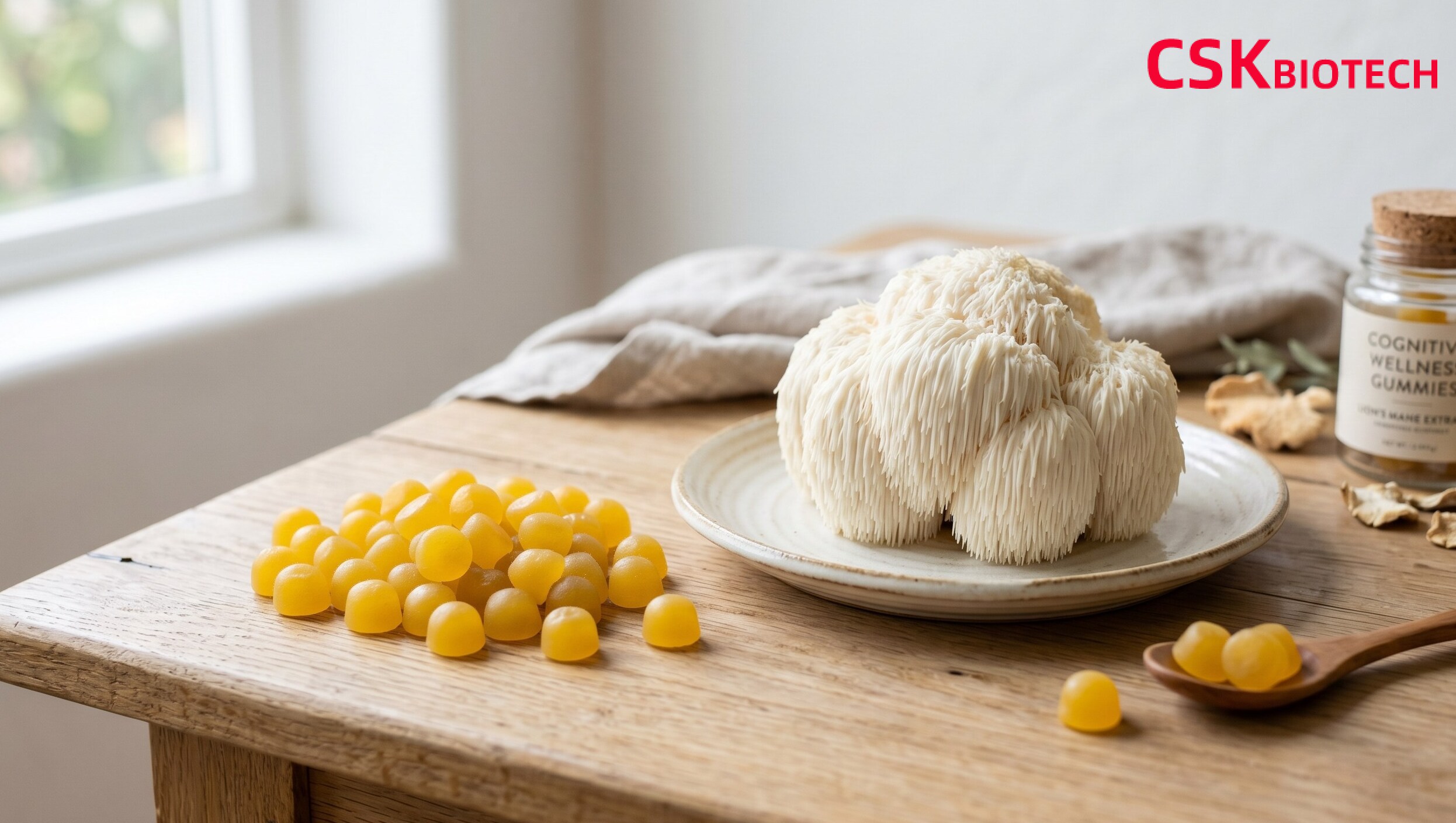 a fresh Lion’s Mane mushroom next to a pile of yellow gummies a fresh Lion’s Mane mushroom next to a pile of yellow gummies