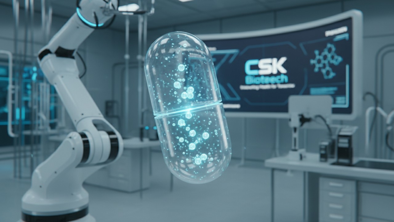 A 3D illustration of a supplement capsule being assembled in a laboratory with CSK Biotech branding on a digital screen