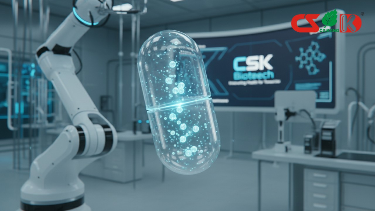 A 3D illustration of a supplement capsule being assembled in a laboratory with CSK Biotech branding on a digital screen