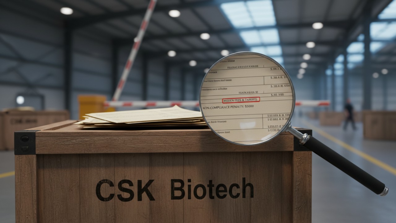 A 3D render of a magnifying glass examining documents on a CSK Biotech shipping crate to reveal hidden compliance costs