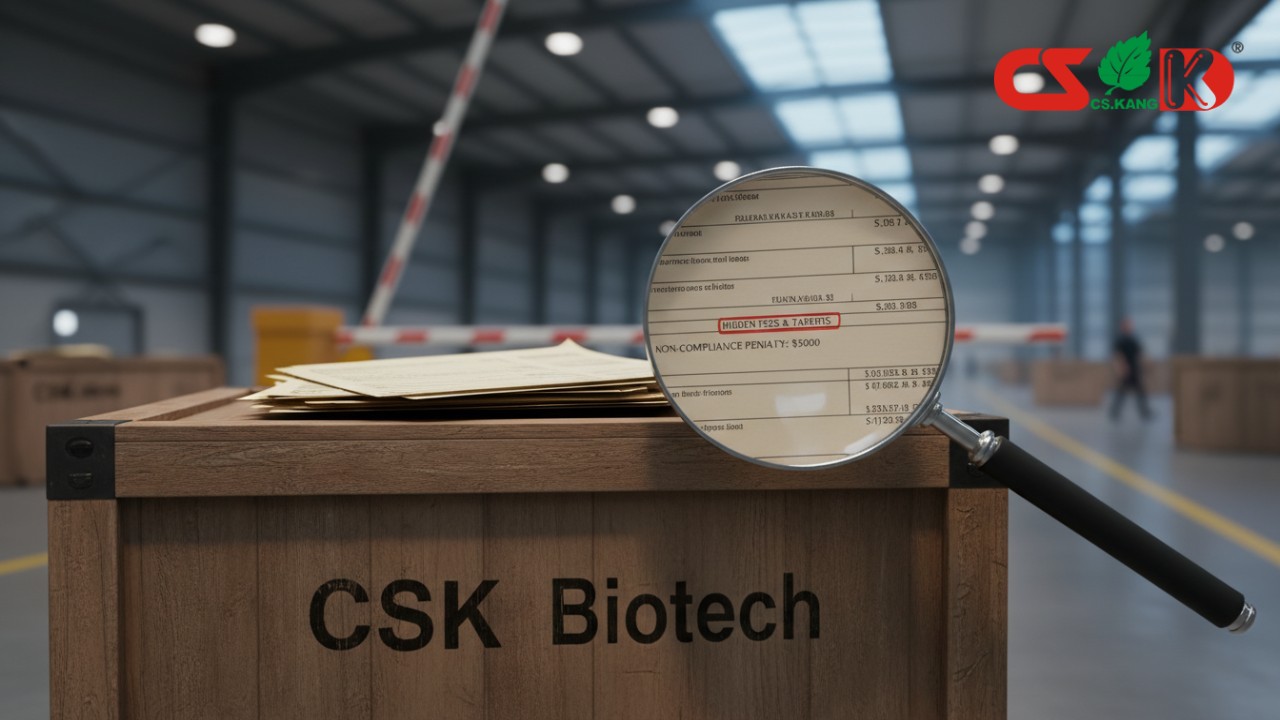 A 3D render of a magnifying glass examining documents on a CSK Biotech shipping crate to reveal hidden compliance costs