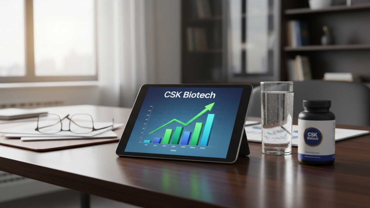 A business dashboard showing financial growth and ROI metrics next to a CSK Biotech branded supplement bottle.