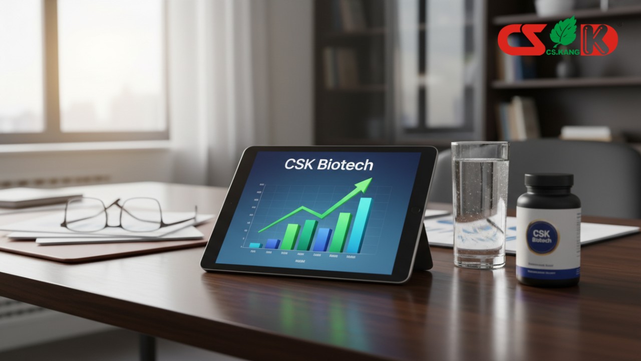 A business dashboard showing financial growth and ROI metrics next to a CSK Biotech branded supplement bottle.
