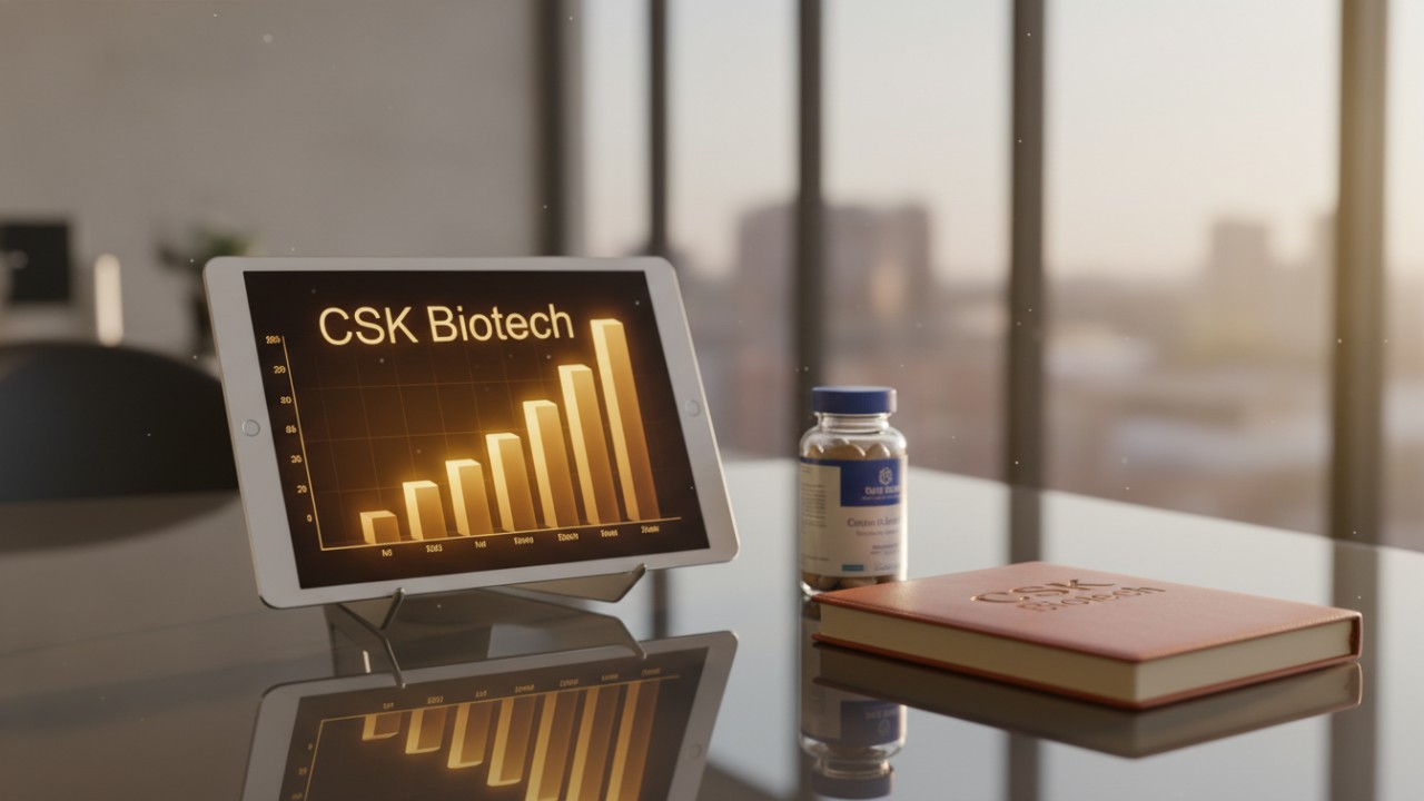 A business-themed image showing ROI growth charts and a CSK Biotech branded notebook on an executive desk.