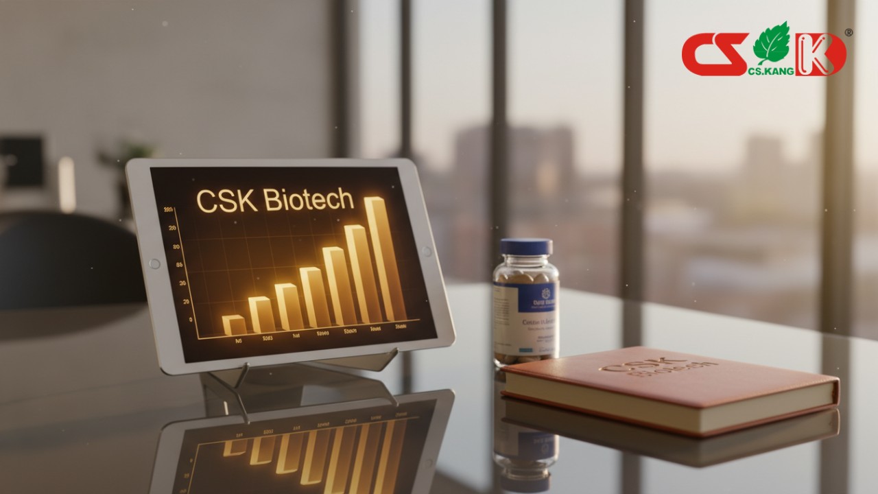 A business-themed image showing ROI growth charts and a CSK Biotech branded notebook on an executive desk.