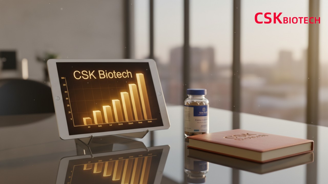 A business-themed image showing ROI growth charts and a CSK Biotech branded notebook on an executive desk.