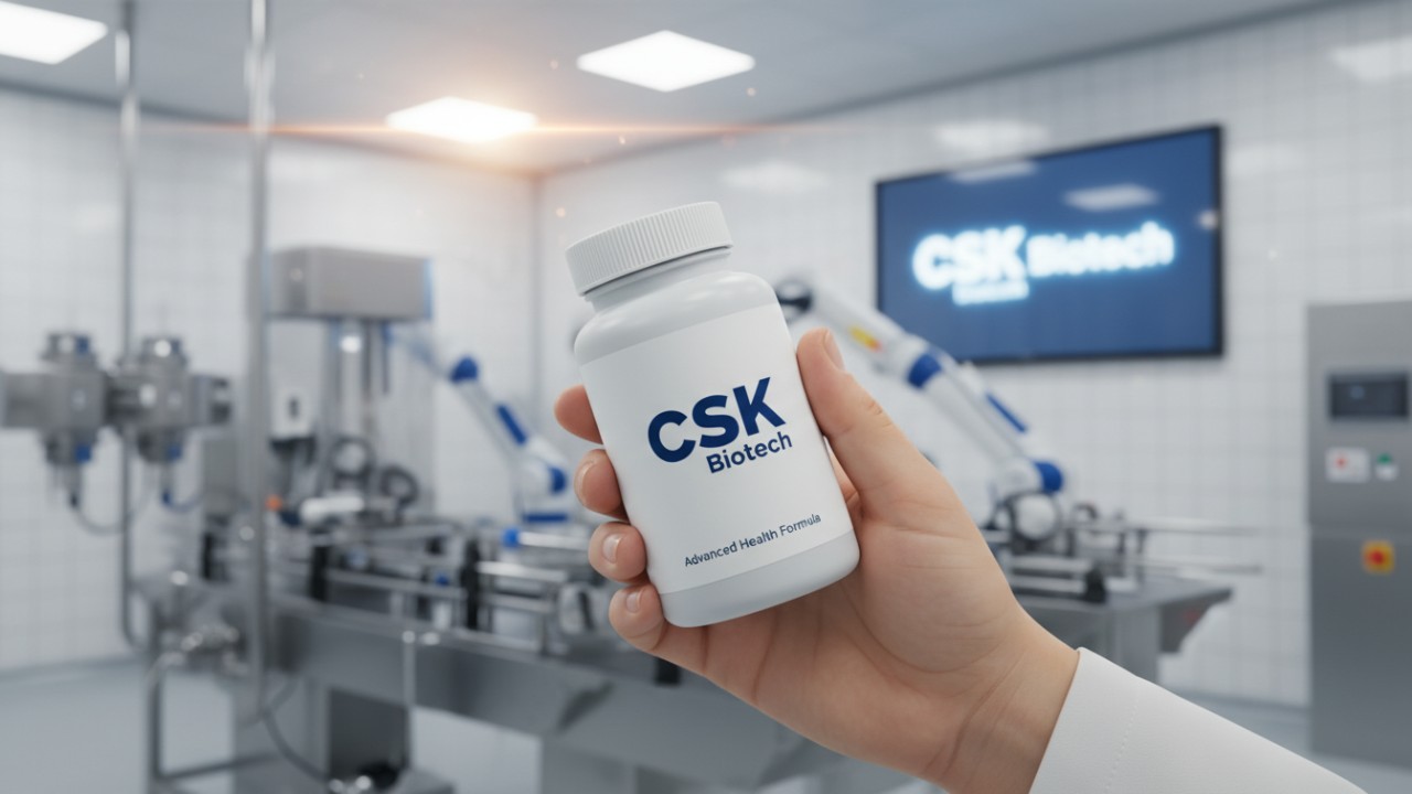 A close-up of a finished supplement bottle featuring the CSK Biotech logo in a modern production facility.