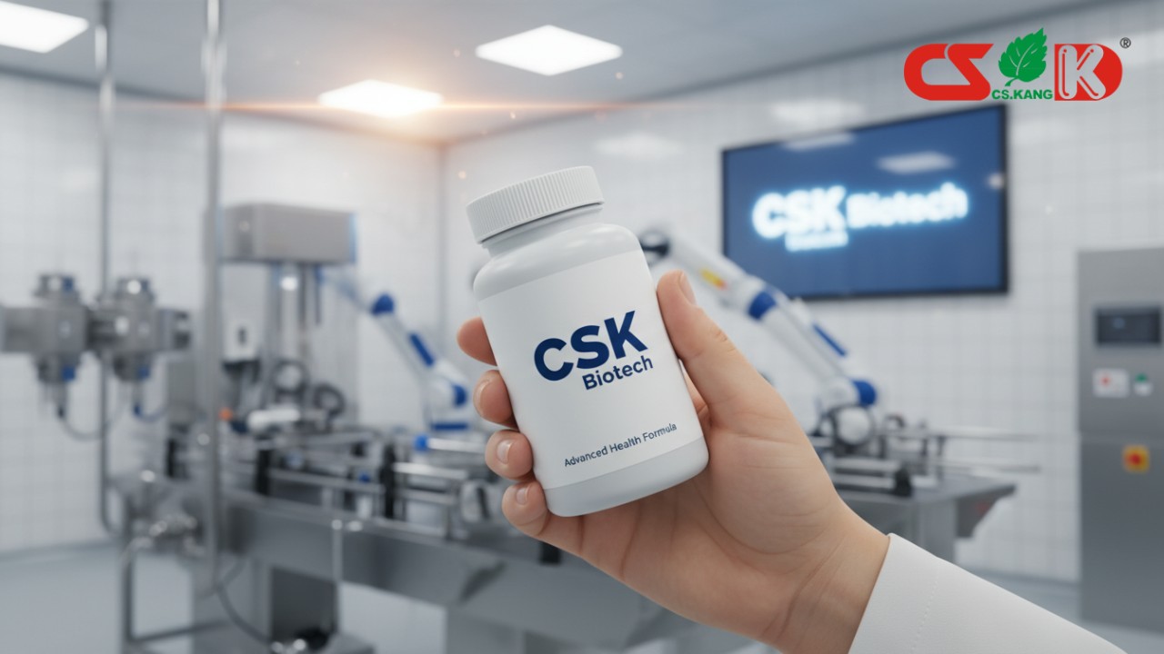 A close-up of a finished supplement bottle featuring the CSK Biotech logo in a modern production facility.