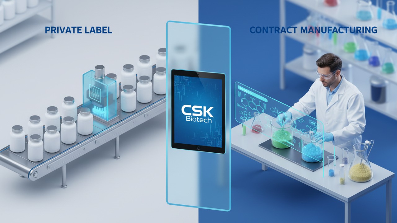A comparison illustration showing private label supplement assembly and custom contract manufacturing with CSK Biotech branding