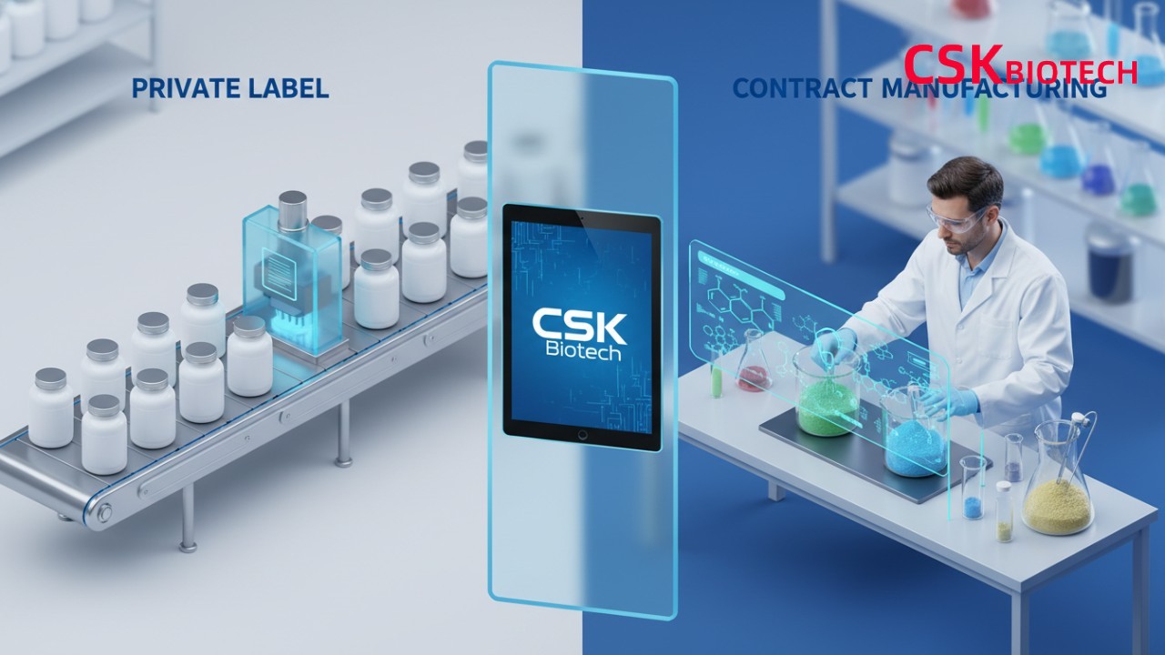 A comparison illustration showing private label supplement assembly and custom contract manufacturing with CSK Biotech branding