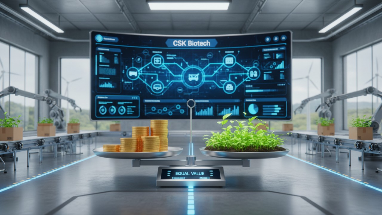 A conceptual illustration of a balance scale weighing financial costs against environmental impact in a CSK Biotech warehouse.