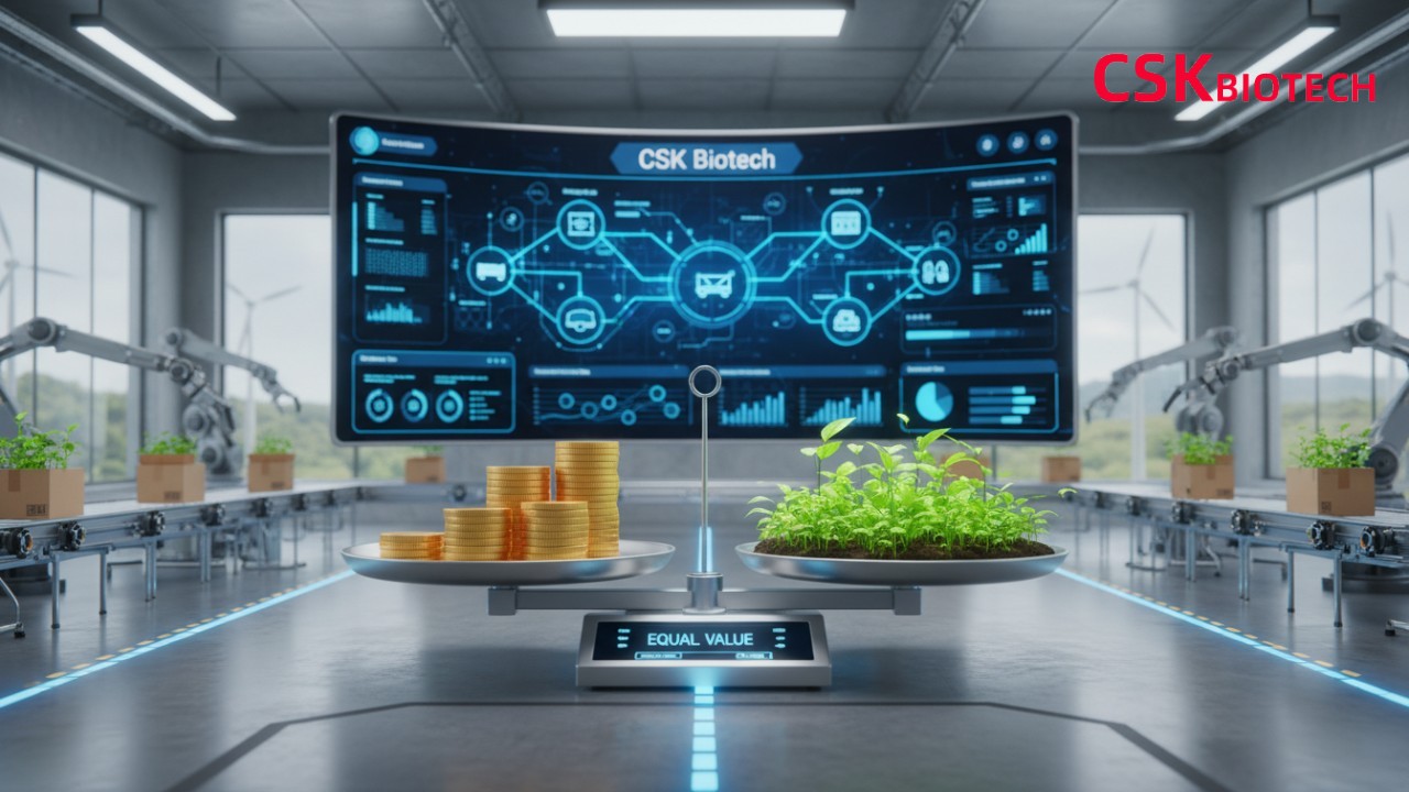 A conceptual illustration of a balance scale weighing financial costs against environmental impact in a CSK Biotech warehouse.