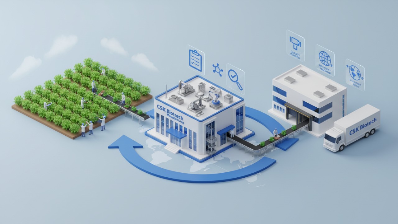 A detailed isometric illustration of a supplement supply chain flow including manufacturing and a CSK Biotech delivery truck.