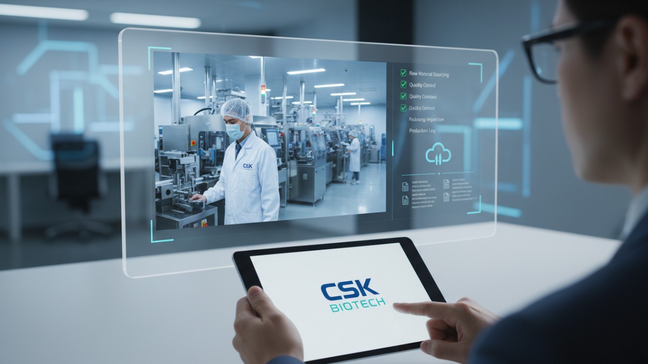 A digital illustration showing a remote factory audit interface with a live video of a cleanroom and the CSK Biotech logo on a tablet screen.