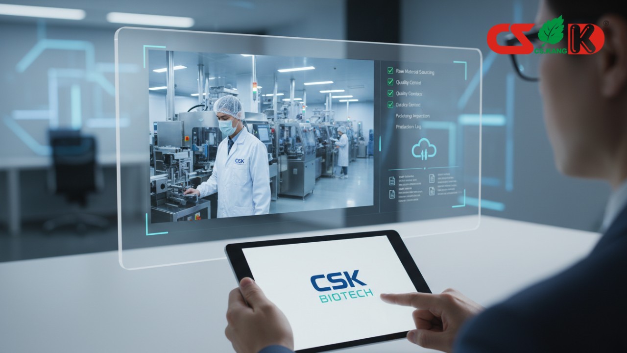 A digital illustration showing a remote factory audit interface with a live video of a cleanroom and the CSK Biotech logo on a tablet screen.