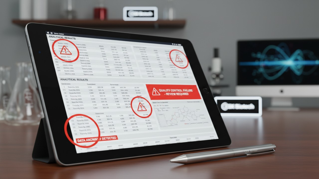 A digital tablet displaying a supplement COA with red warning highlights and a CSK Biotech branded stylus pen on the side.