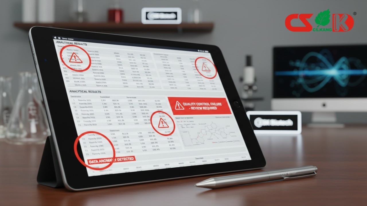 A digital tablet displaying a supplement COA with red warning highlights and a CSK Biotech branded stylus pen on the side.