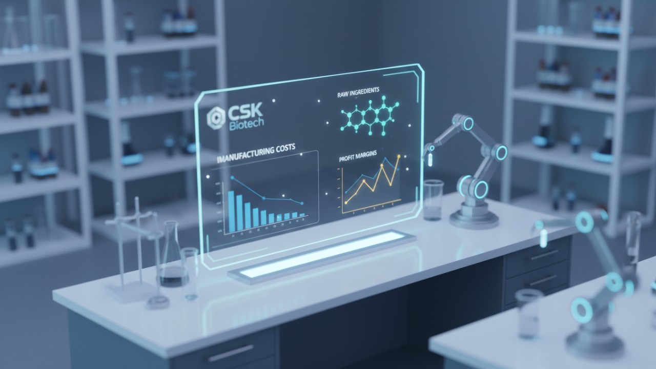 A futuristic 3D isometric illustration showing a cost analysis dashboard for supplement manufacturing with the CSK Biotech logo.