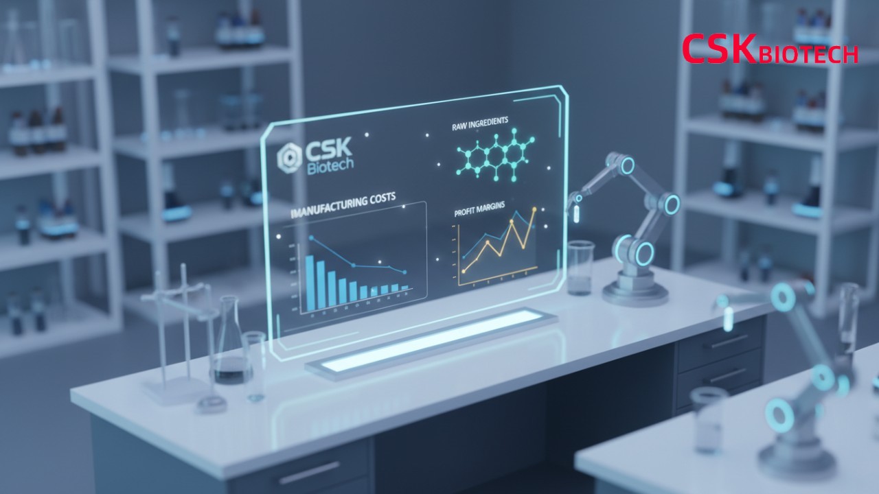 A futuristic 3D isometric illustration showing a cost analysis dashboard for supplement manufacturing with the CSK Biotech logo.