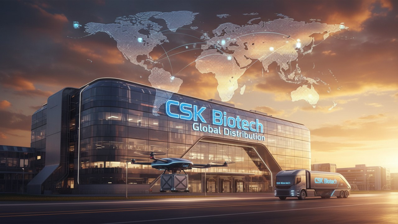 A futuristic CSK Biotech global distribution center under a sunset sky representing successful international supplement logistics.