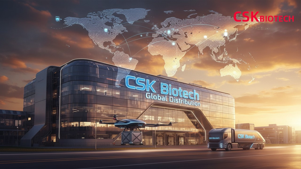 A futuristic CSK Biotech global distribution center under a sunset sky representing successful international supplement logistics.