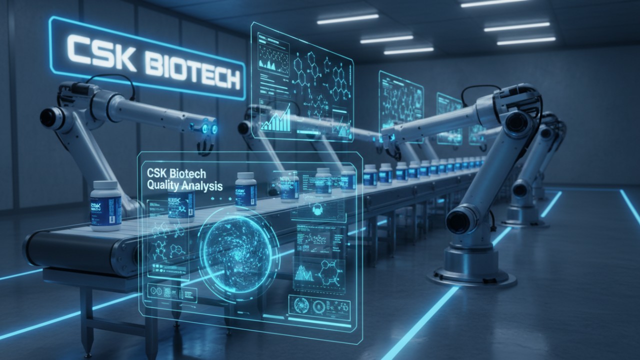 A futuristic manufacturing facility showing automated quality control technology and holographic displays with the CSK Biotech logo.