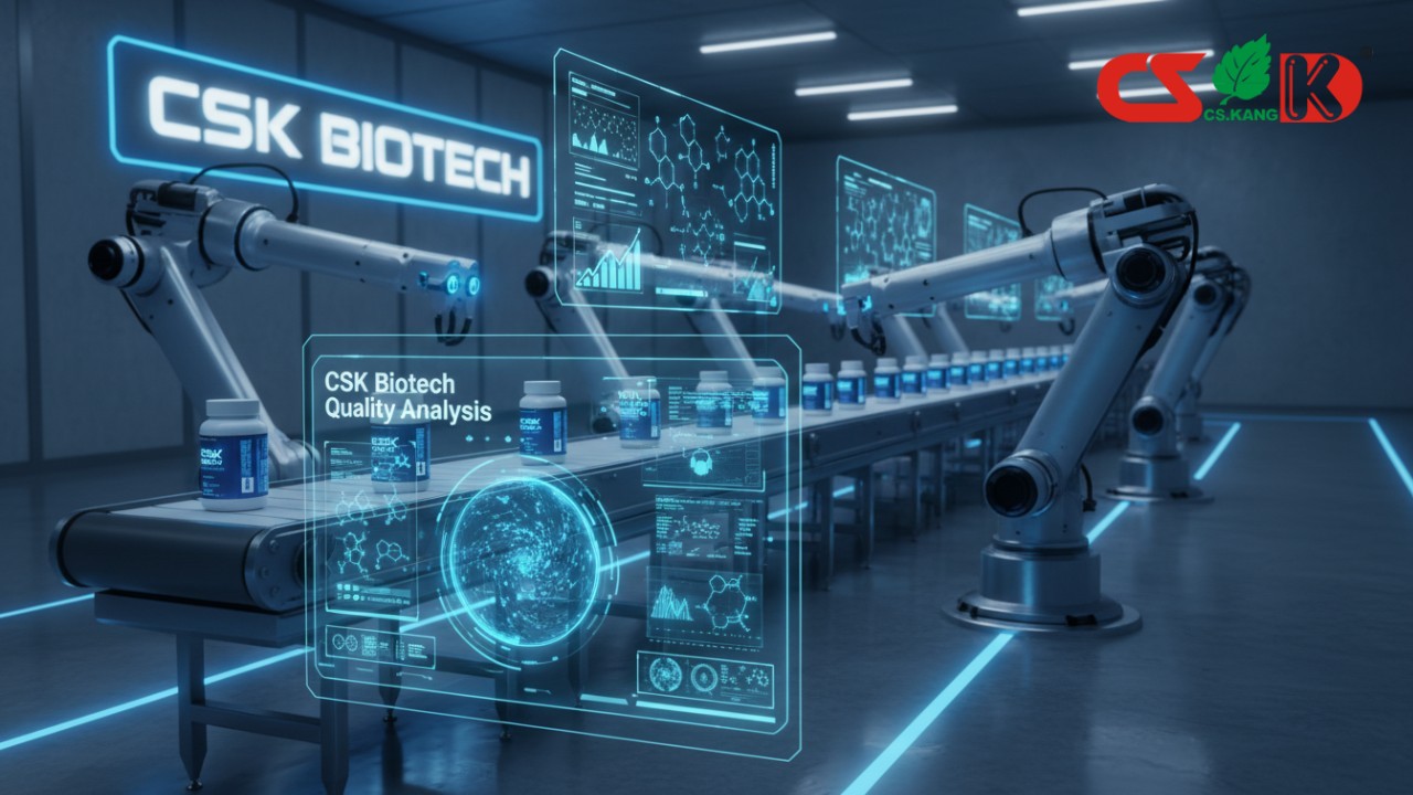A futuristic manufacturing facility showing automated quality control technology and holographic displays with the CSK Biotech logo.