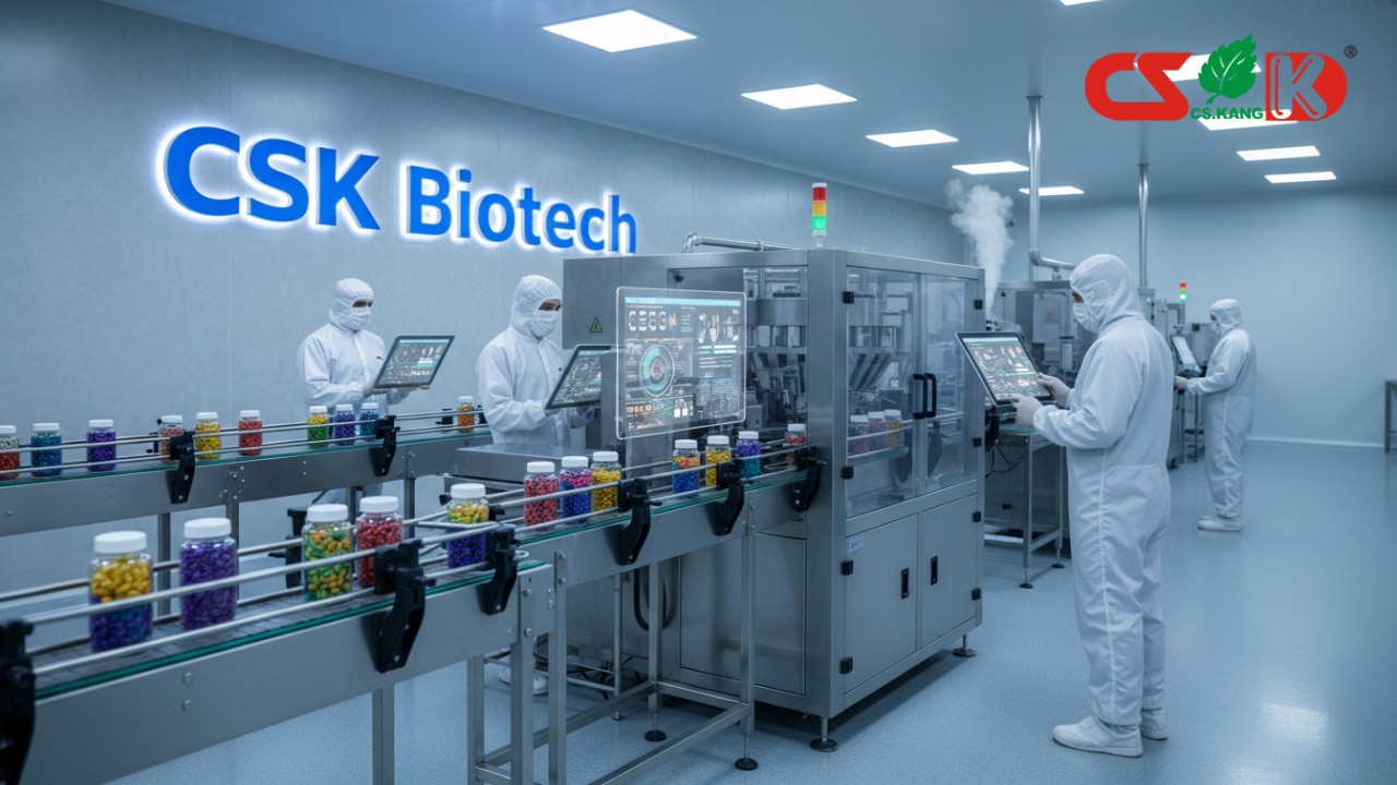 A futuristic nutrition supplement manufacturing facility with automated lines and a CSK Biotech sign on the wall.