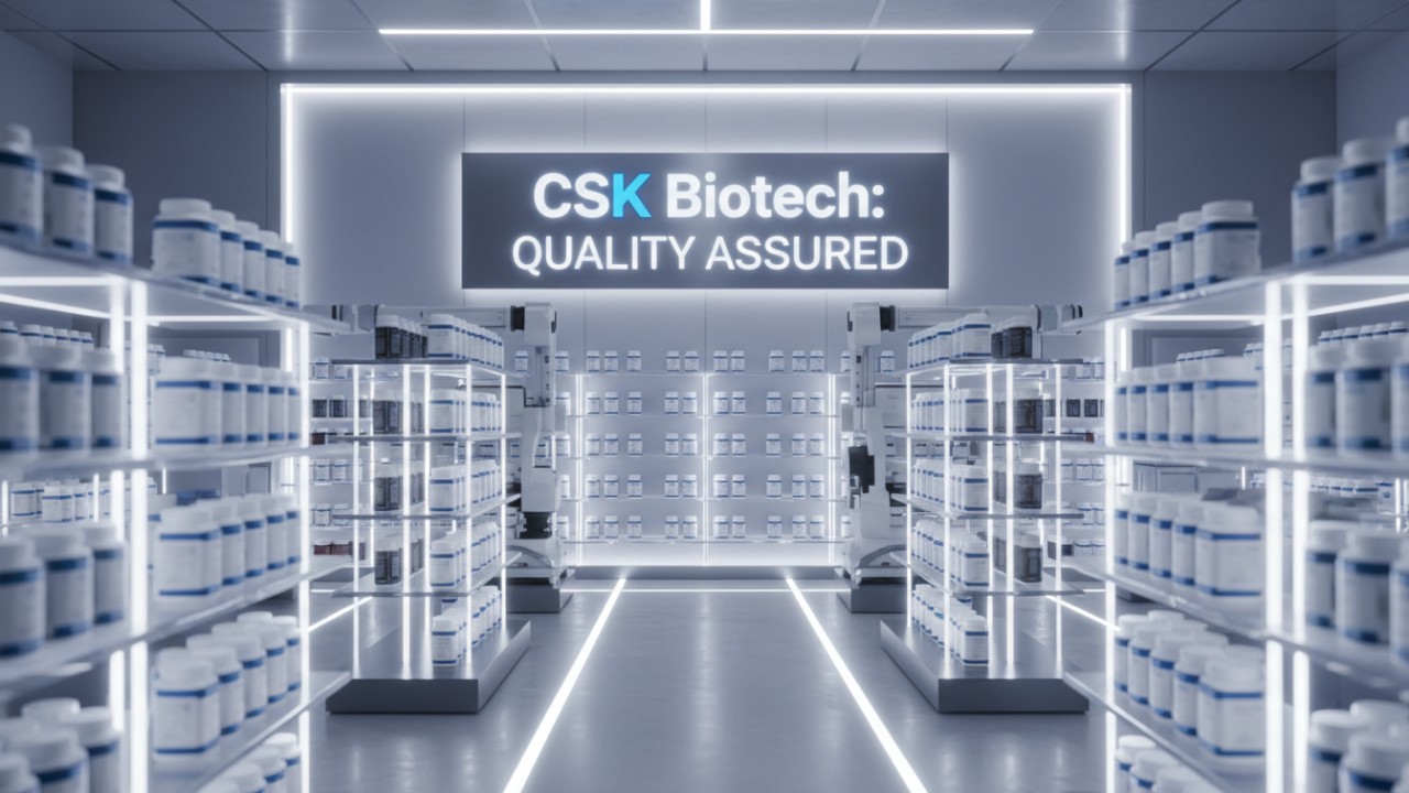 A futuristic retail display of supplement products with a large illuminated sign that reads CSK Biotech Quality Assured.