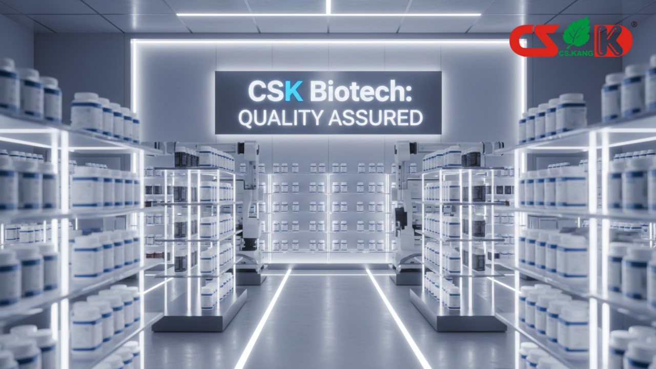 A futuristic retail display of supplement products with a large illuminated sign that reads CSK Biotech Quality Assured.