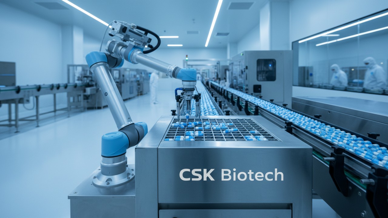 A futuristic supplement manufacturing line with a robotic arm and the CSK Biotech brand name engraved on the industrial equipment.